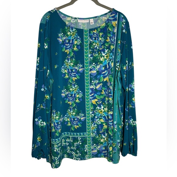 Susan Graver Tops - Susan Graver Teal Floral Blouse Cottagecore liquid Knit size XL